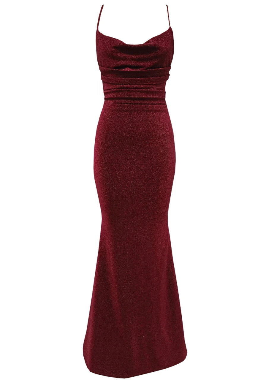 Weitese Dress Spaghetti Straps Draped Sparkly Maxi Dress Burgundy Sleeveless Mermaid Prom Dress